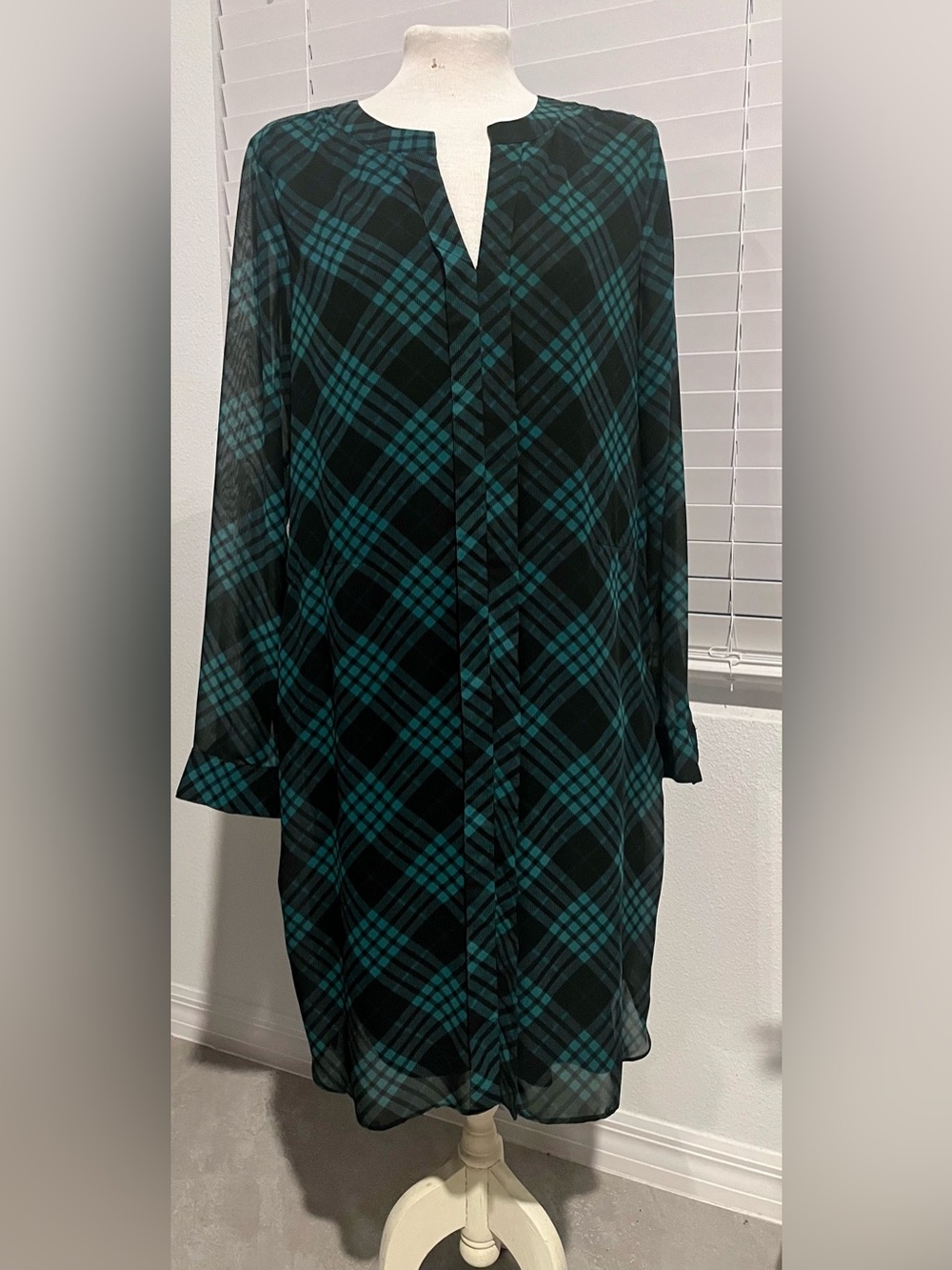 C Teal and Black Plaid Semi-  Sheer Long Sleeve Shift Dress